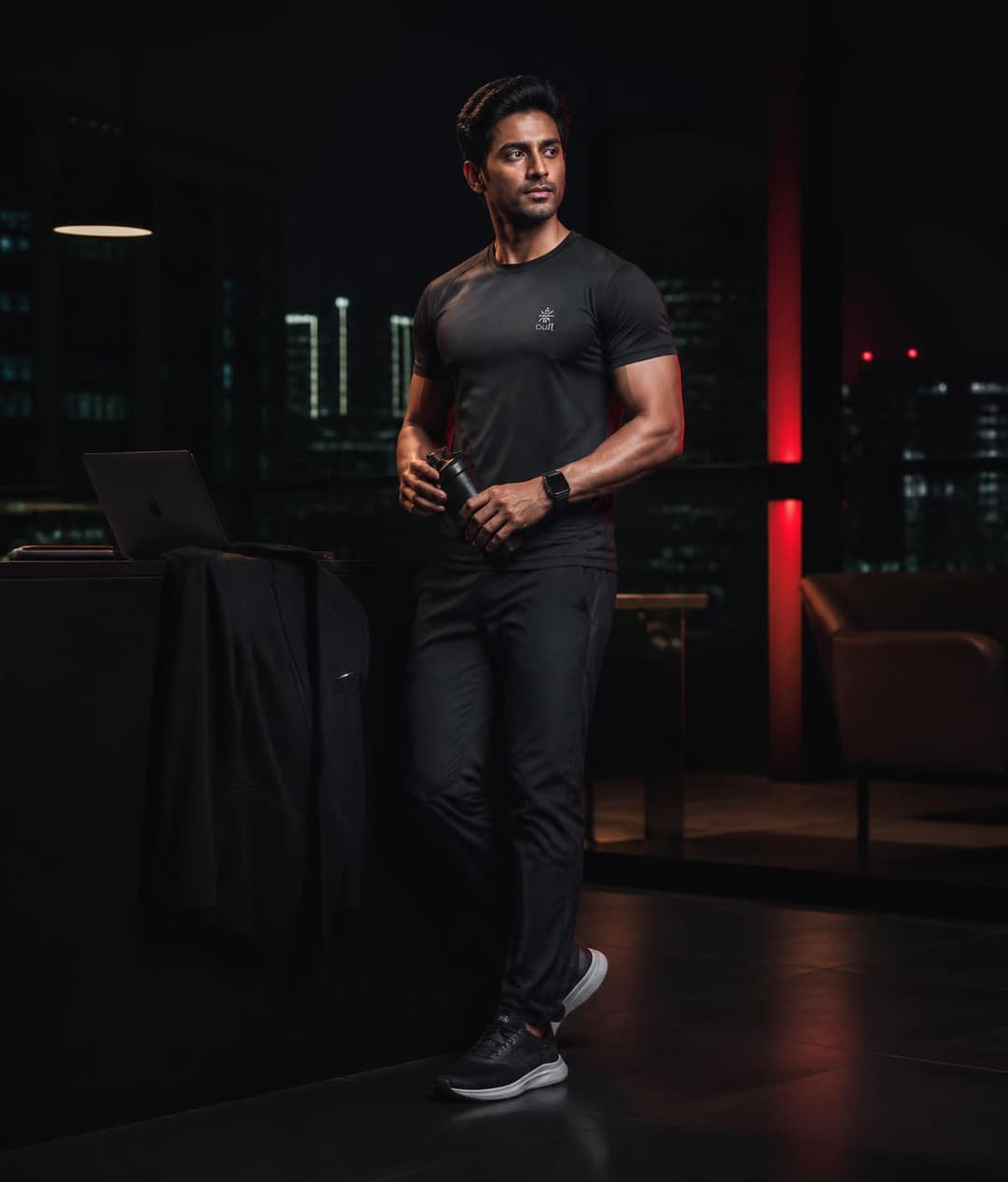 Fit working professional in a modern urban office, ready to train after work